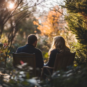 Un couple assis sur des chaises en bois dans un jardin paisible, entouré de verdure et de lumière dorée d’un soleil couchant. Ils semblent engagés dans une conversation profonde, dans une atmosphère sereine et intime