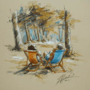 Illustration d’un couple assis dans des transats en pleine nature, se détendant dans une forêt paisible lors d’un weekend Imago.