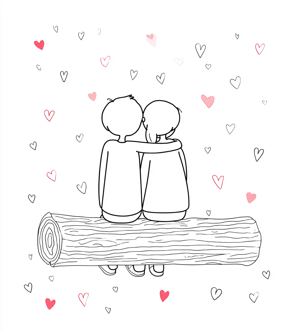 Illustration en noir et blanc d’un couple assis côte à côte sur un tronc d’arbre, l’un passant son bras autour de l’autre. Des cœurs rouges et roses flottent autour d’eux, symbolisant l’amour et la tendresse.