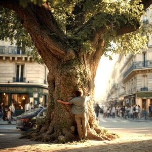 Personne enlacant un grand arbre en ville pour se reconnecter à la nature et prévenir le burnout