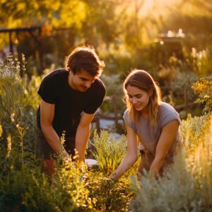 Couple profitant d’un séjour nature dans un jardin verdoyant, symbole de reconnexion et de bien-être à deux