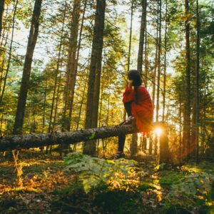 Personne assise sur un tronc d’arbre en forêt, enveloppée d’un plaid rouge, méditant au coucher du soleil dans une atmosphère calme et naturelle.