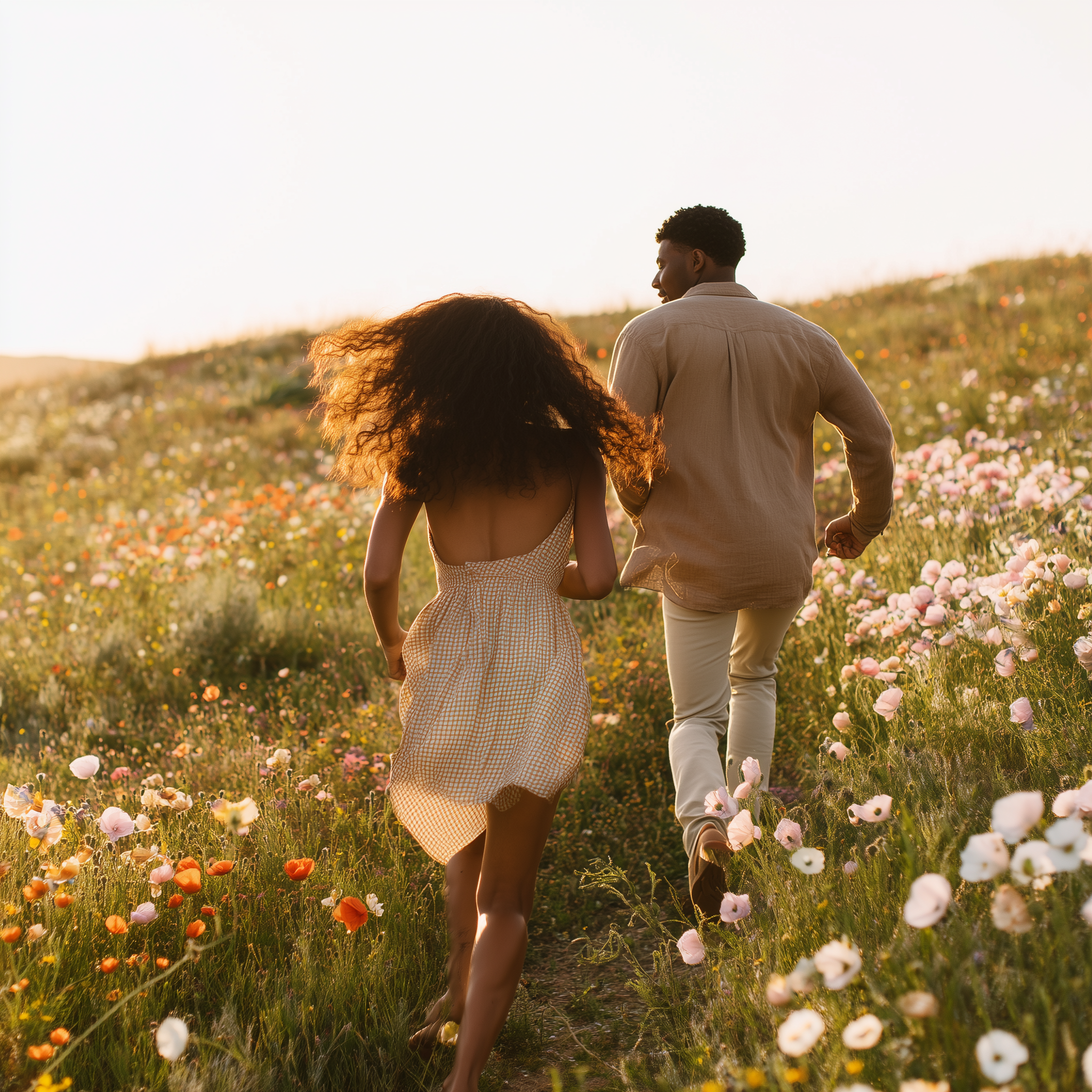 Couple courant dans un champ fleuri au coucher du soleil, illustrant la reconnexion à soi et à l’autre lors des week-ends Imago proposés par Oselience à Bois Dieu.