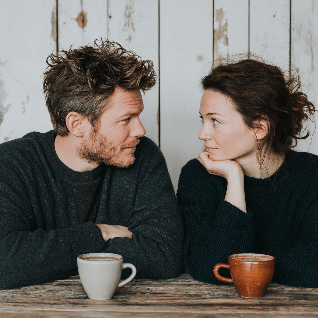 Couple assis face à face dans un café, échangeant un regard complice et silencieux, symbole de reconnexion et de tendresse.