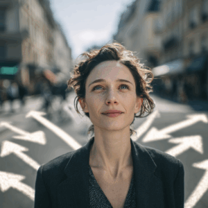 Personne debout dans une rue avec plusieurs flèches au sol, illustrant une transition professionnelle solo et la recherche de repères.