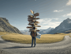 Randonneur face à un grand panneau directionnel au milieu des montagnes, symbolisant le choix d’un chemin.