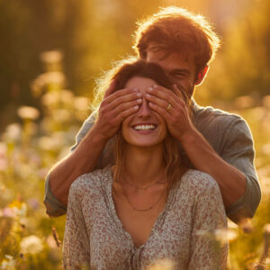 Texte alternatif Couple riant ensemble dans un champ baigné de lumière dorée, symbolisant la complicité et la sérénité d’un week-end au vert.