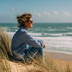Femme assise sur une dune face à la mer, regard tourné vers l’horizon, symbole de rebond professionnel et de sérénité retrouvée.