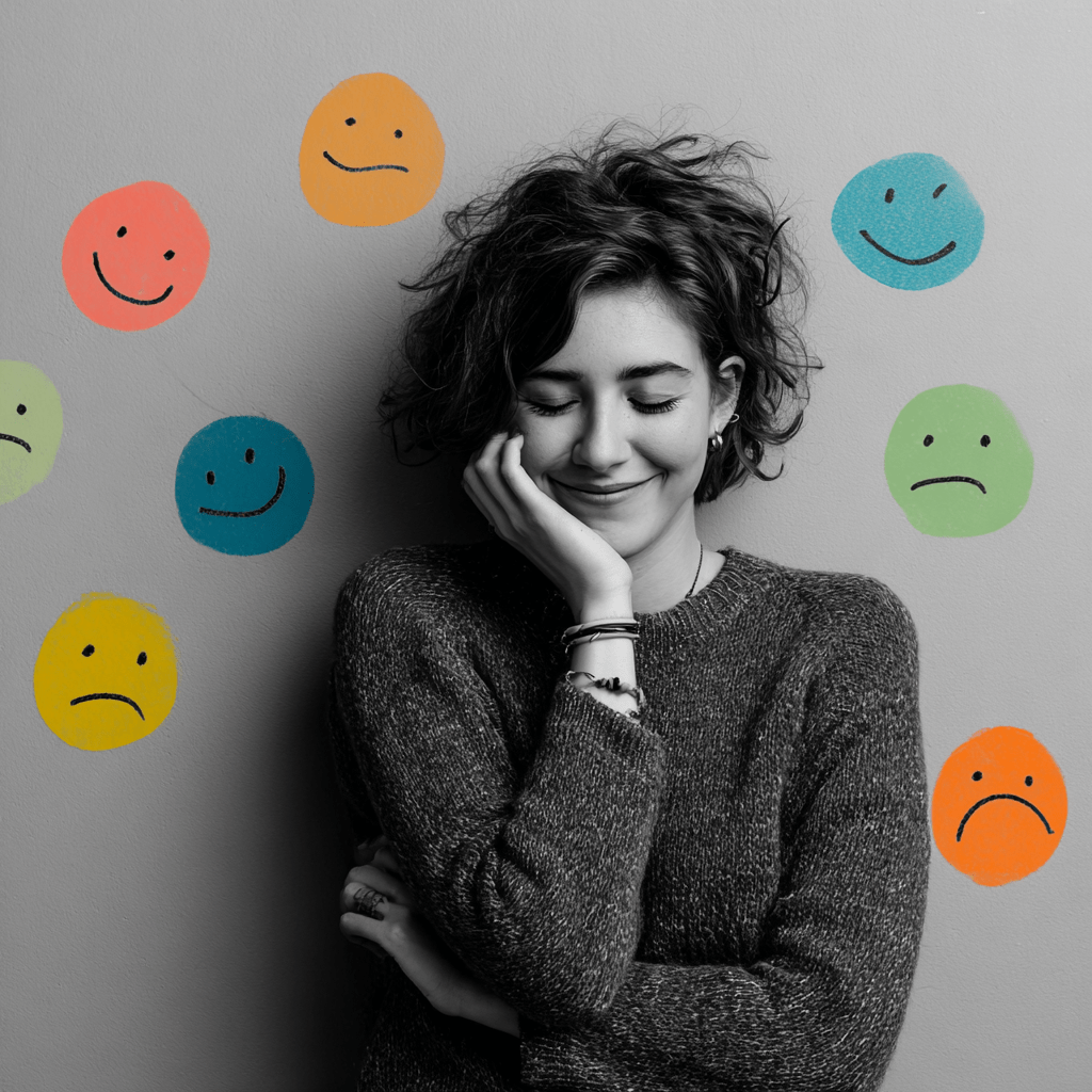 Femme les yeux fermés, légère esquisse de sourire, entourée de visages colorés représentant différentes émotions — du sourire à la tristesse.