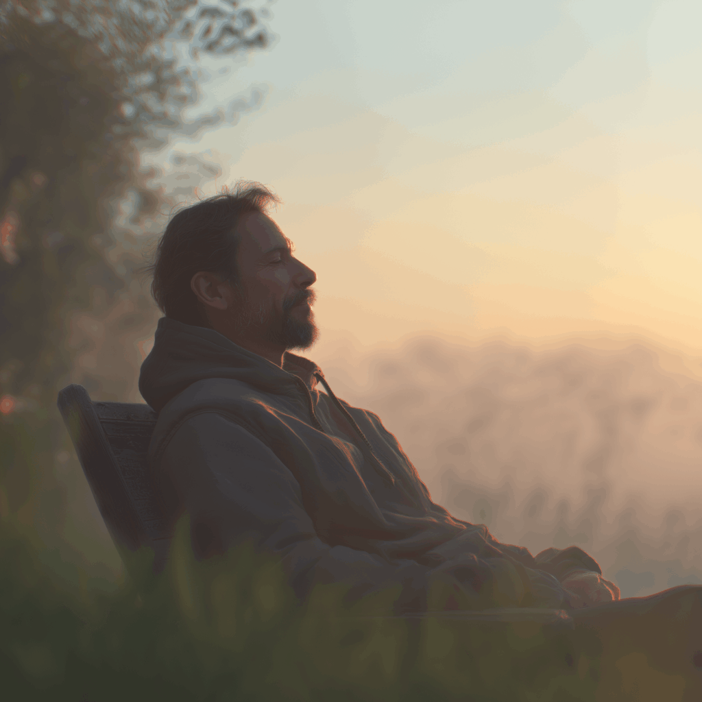 Homme assis au calme dans la nature au lever du soleil, symbole d’apaisement et de récupération après une surcharge mentale.