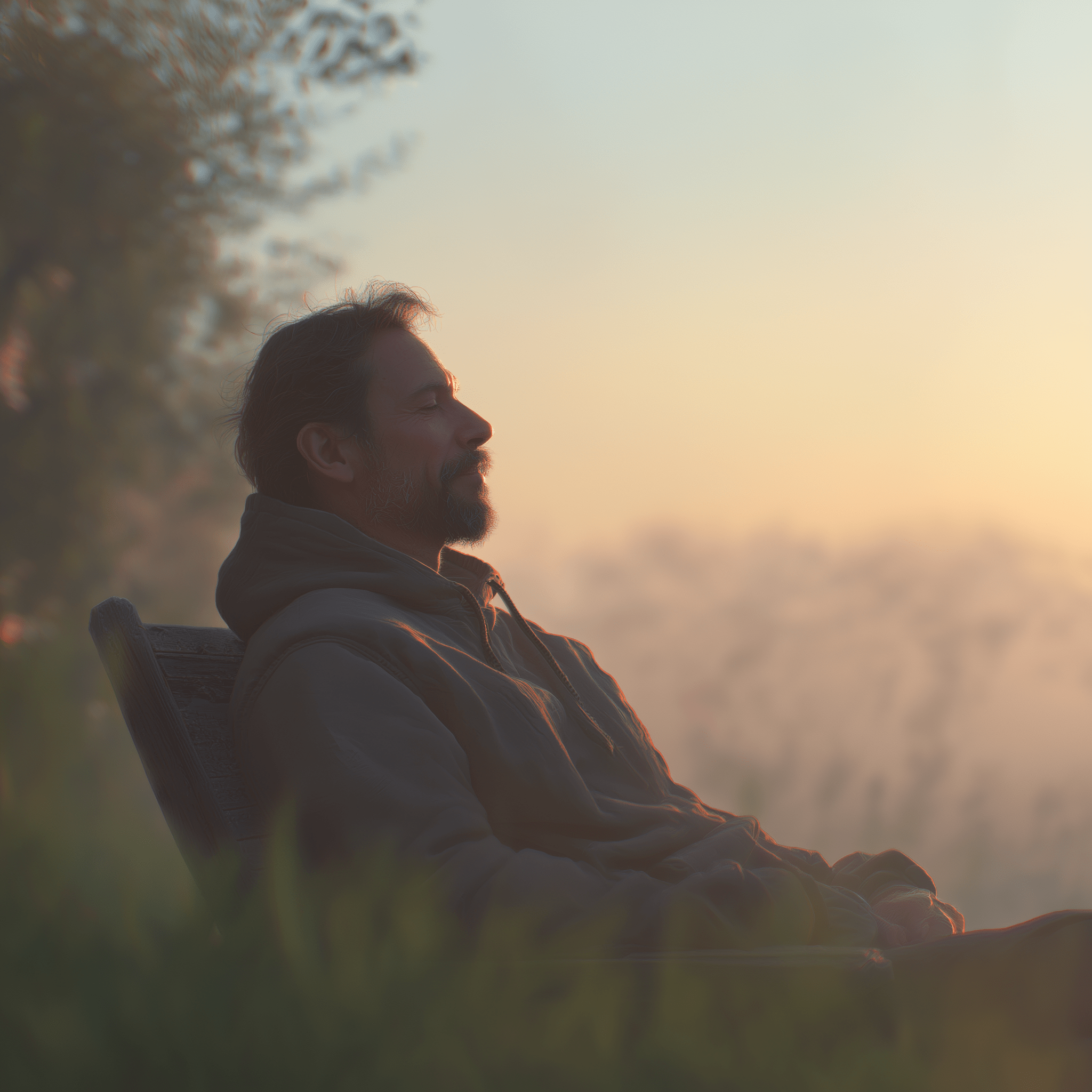 Homme assis au calme dans la nature au lever du soleil, symbole d’apaisement et de récupération après une surcharge mentale.