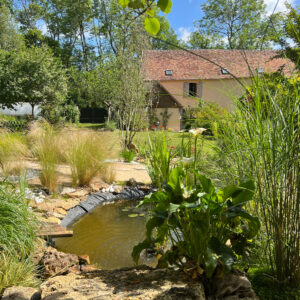 Jardin calme à Osélience avec bassin naturel, idéal pour une retraite silencieuse guidée.
