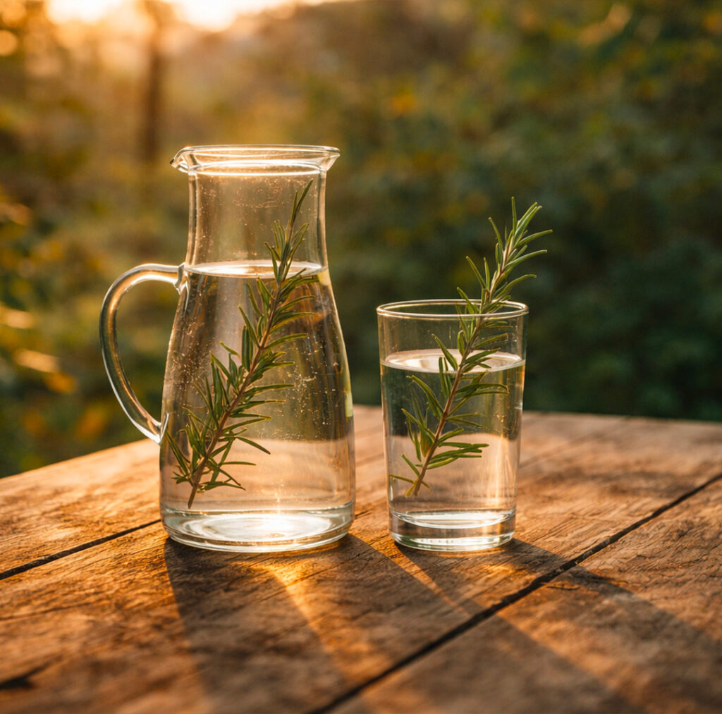 Carafe et verre d’eau infusée au romarin posés sur une table en bois, avec la forêt en arrière-plan, lumière du matin à Osélience.