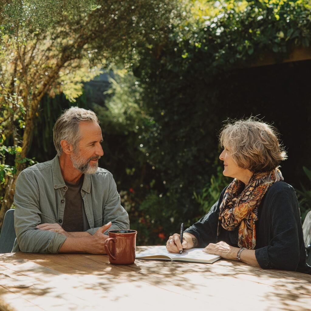 Couple en conversation lors d’une parenthèse au vert, dans un cadre naturel calme et ressourçant.