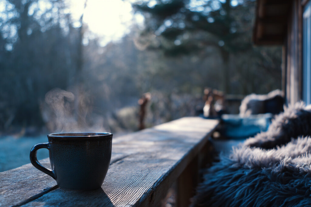Tasse de boisson chaude fumante sur une table en bois, au cœur de la forêt en hiver, lors d’un séjour Dry January au vert à Osélience.