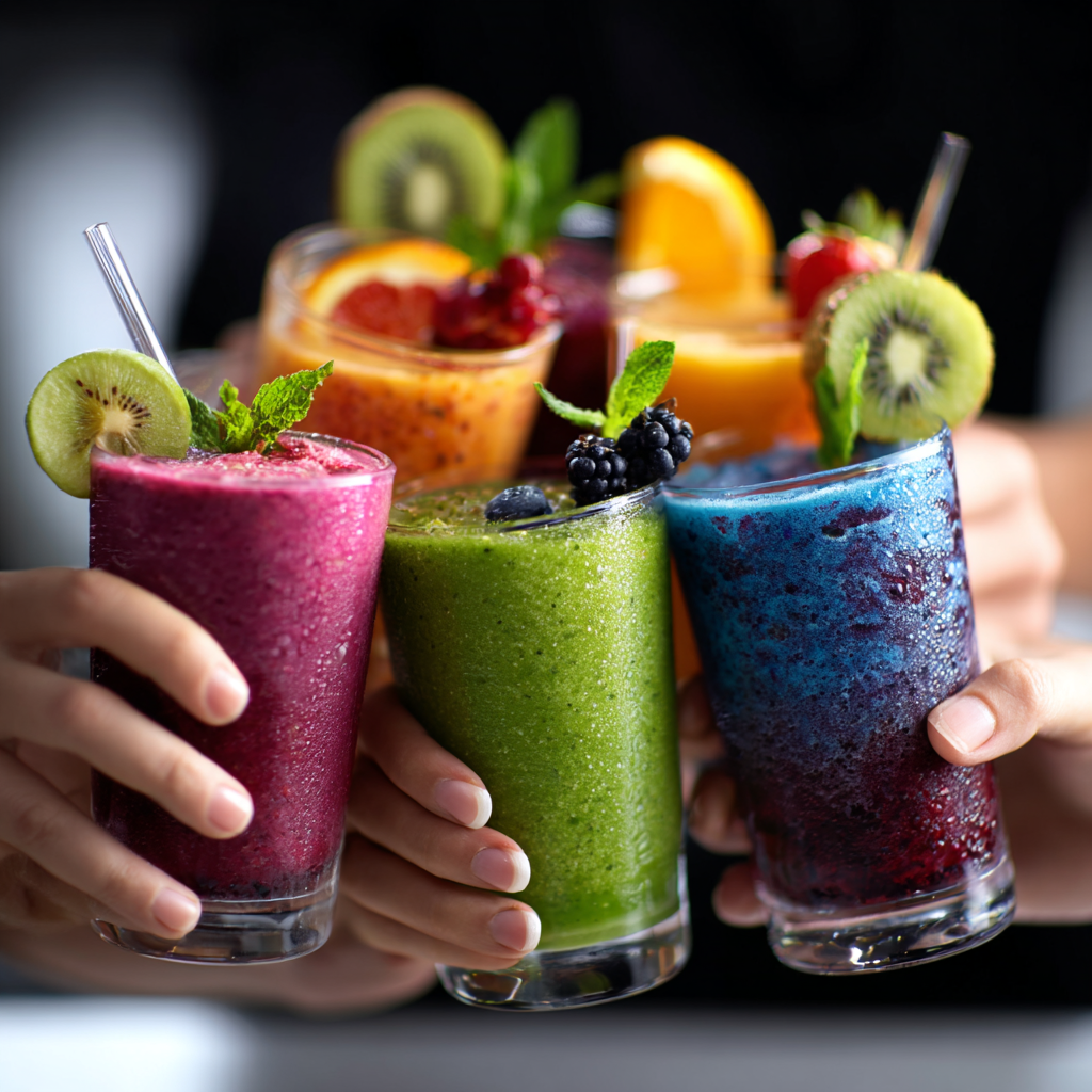 Personnes trinquant avec des boissons colorées sans alcool, lors d’un séjour Dry January convivial et bien-être.