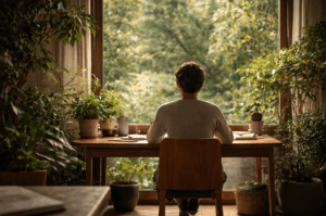 Image illustrant un moment de pause et de régulation dans un contexte professionnel. La présence de la nature évoque la prévention du burnout en entreprise et l’approche inspirée de la théorie polyvagale.