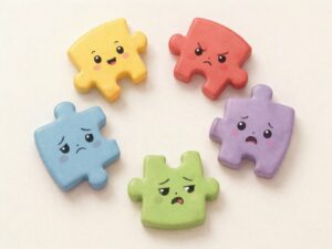 Représentation des 5 émotions de base (joie, peur, colère, tristesse, dégoût) sous forme de pièces de puzzle disposées en cercle