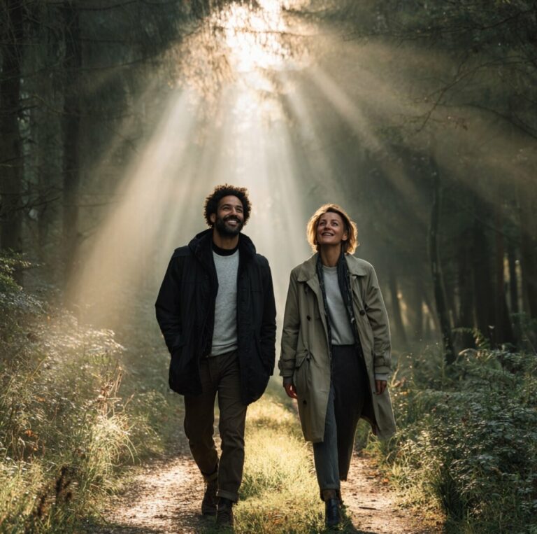 Deux personnes marchant dans une forêt lumineuse, illustrant la régulation du système nerveux et la sécurité relationnelle.