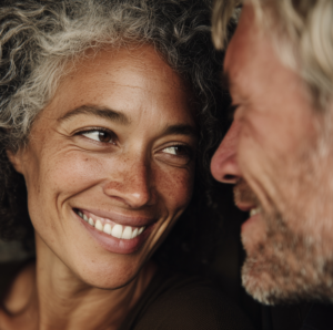 Regard calme et connexion entre deux personnes illustrant la sécurité relationnelle et la co-régulation
