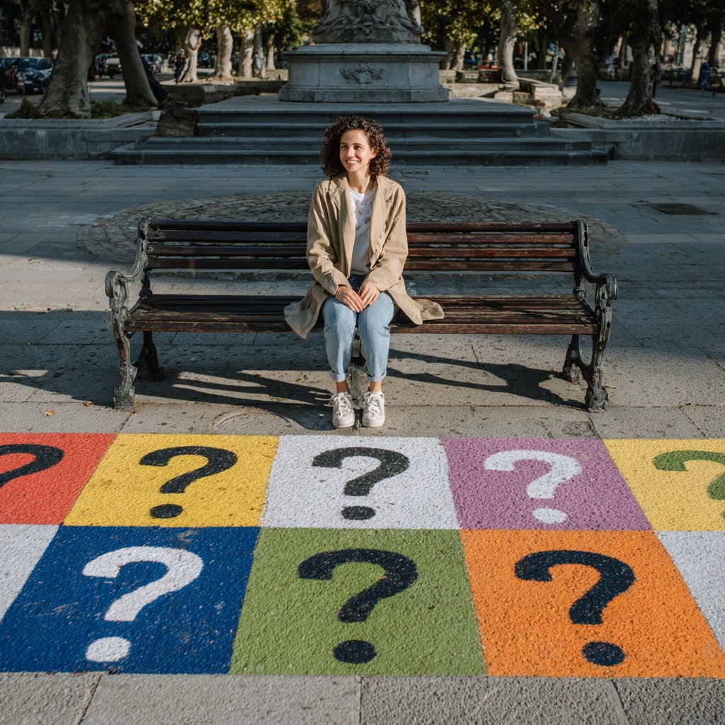 Femme assise sur un banc, souriante, devant un sol coloré orné de points d’interrogation — symbole des questions et des choix liés à la transition professionnelle.