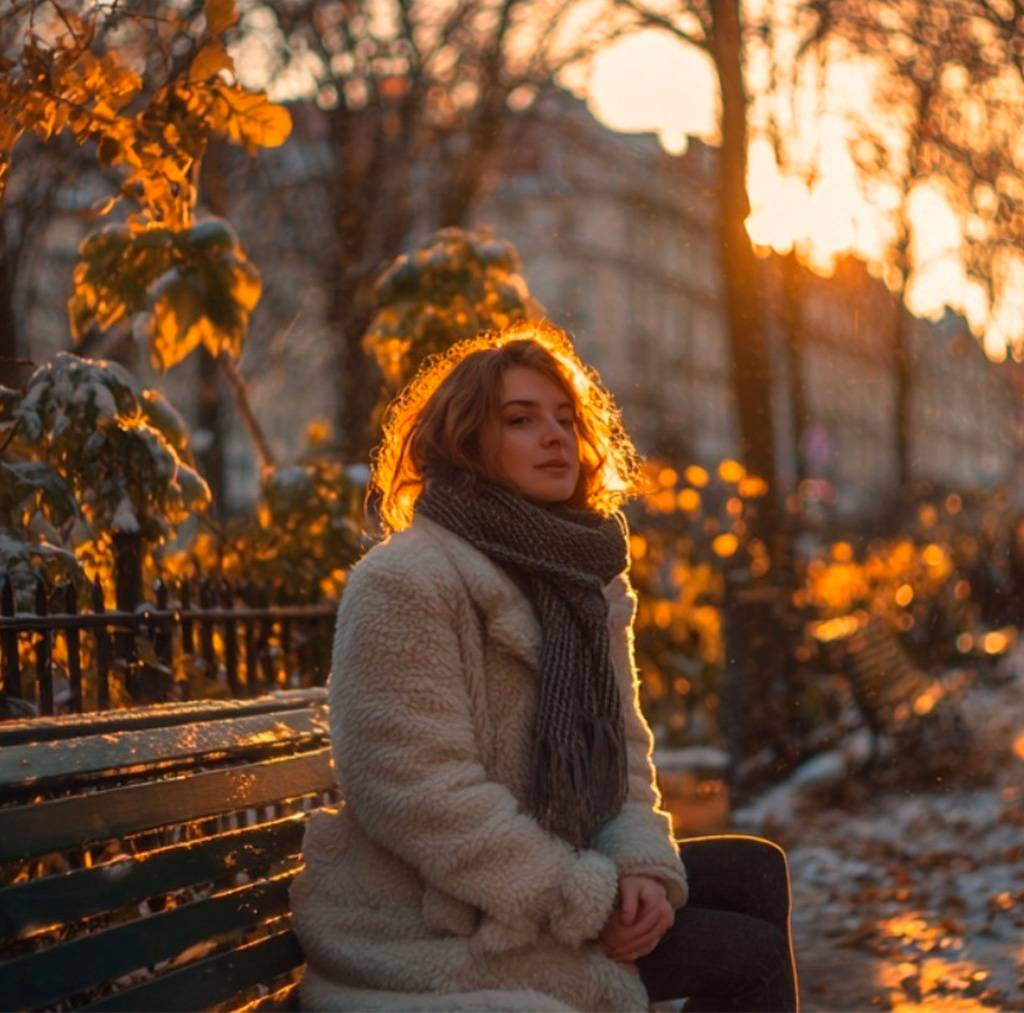 Femme assise sur un banc, en fin de journée, prenant un moment de pause dans un parc calme.