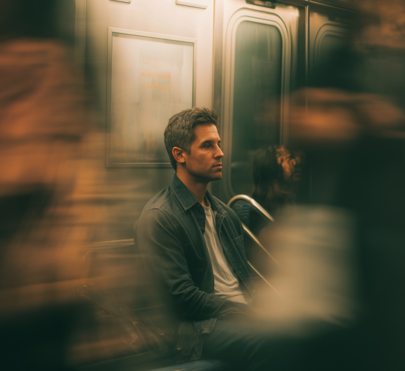 Homme assis dans le métro, immobile au milieu du mouvement, l’air fatigué et pensif.